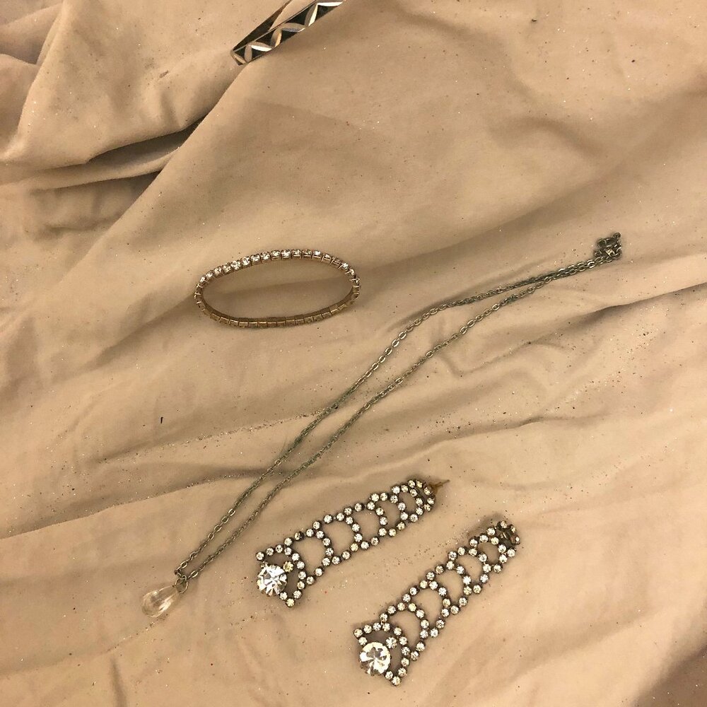bundle silver crystal necklace, earring set, 2 bracelets